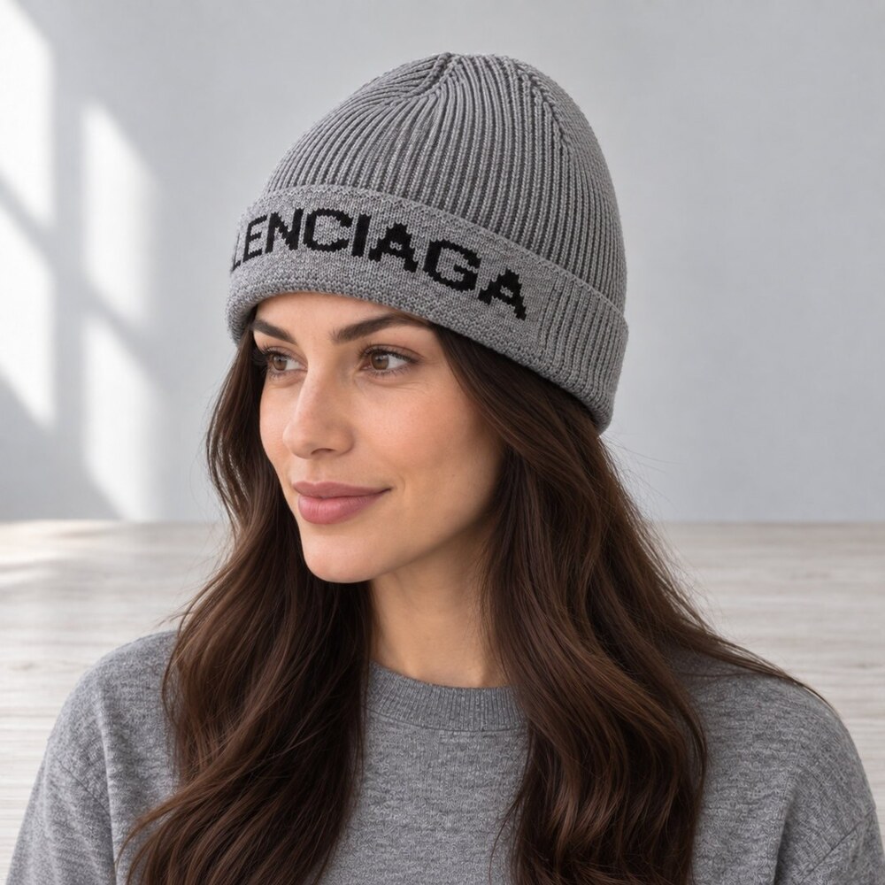 Balenciaga Grey Ribbed Knit Beanie - Picture 3 of 6